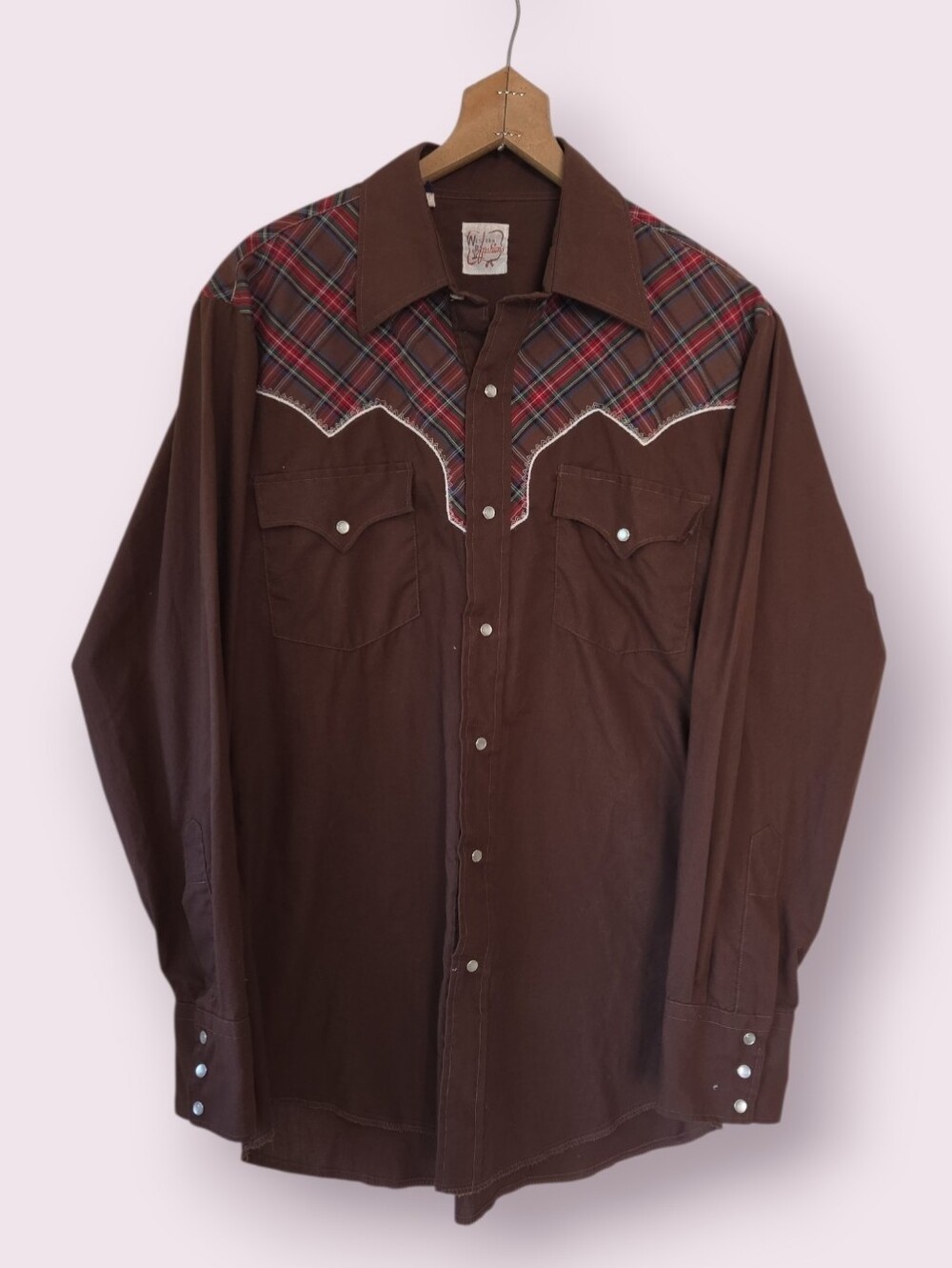 Vintage Western Pearl Snap Cowboy Shirt Brown Plaid Size M